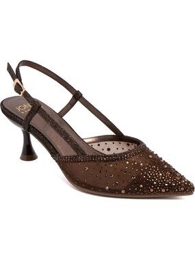 Women Bronze Embellished Mesh Pointed Toe Slingback Comfortable Low Kitten Heels
